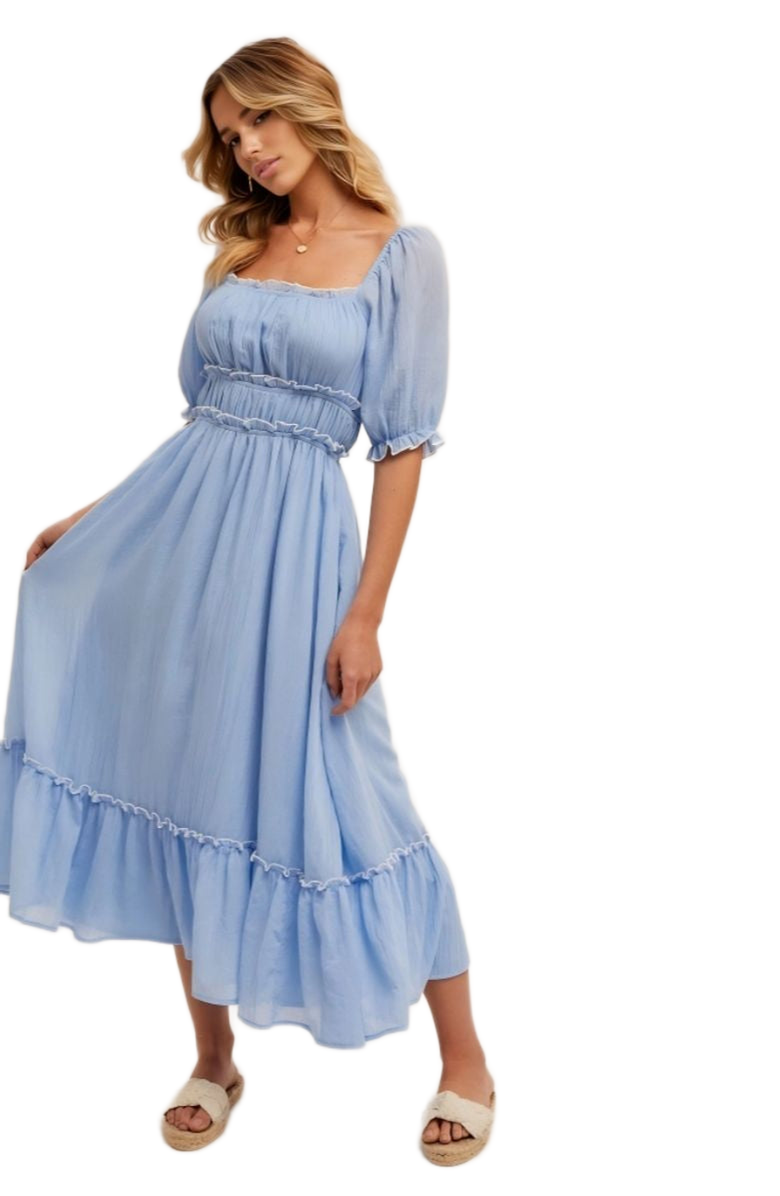 Knit and Lounge Puff Sleeve Square Neck Midi Dress with Tiered Skirt and Ruffle Trim, Alternate, color, 