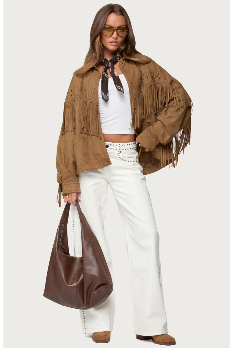 Evonka Fringe Faux Suede Jacket, Alternate, color, BROWN