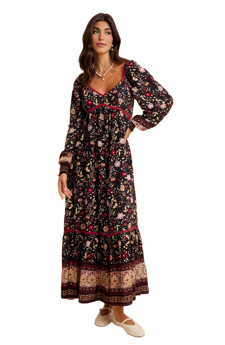 Knit and Lounge Boho Tiered Print Long Sleeve Midi Dress with Lace Trim, Alternate, color, Black Floral