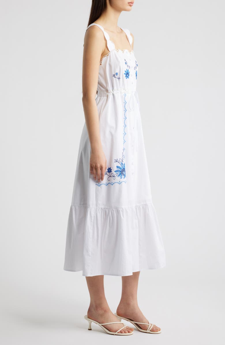 MOON RIVER Floral Embroidery Detail Cotton Dress, Alternate, color, Off White/ Blue