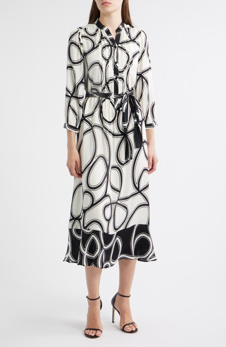 Elie Tahari The Mila Dotted Scroll Print Long Sleeve Silk Blend Midi Shirtdress, Main, color, 