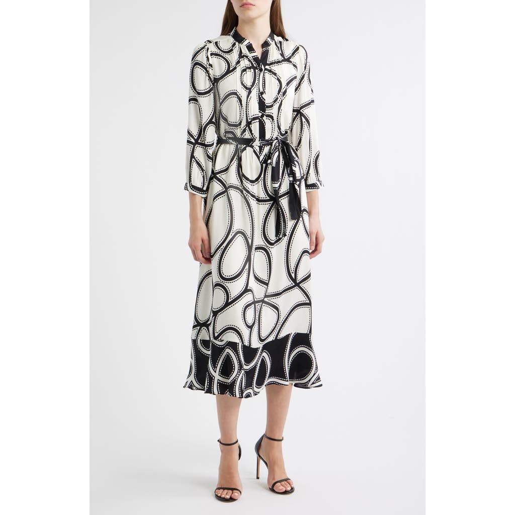 Elie Tahari The Mila Dotted Scroll Print Long Sleeve Silk Blend Midi Shirtdress In White
