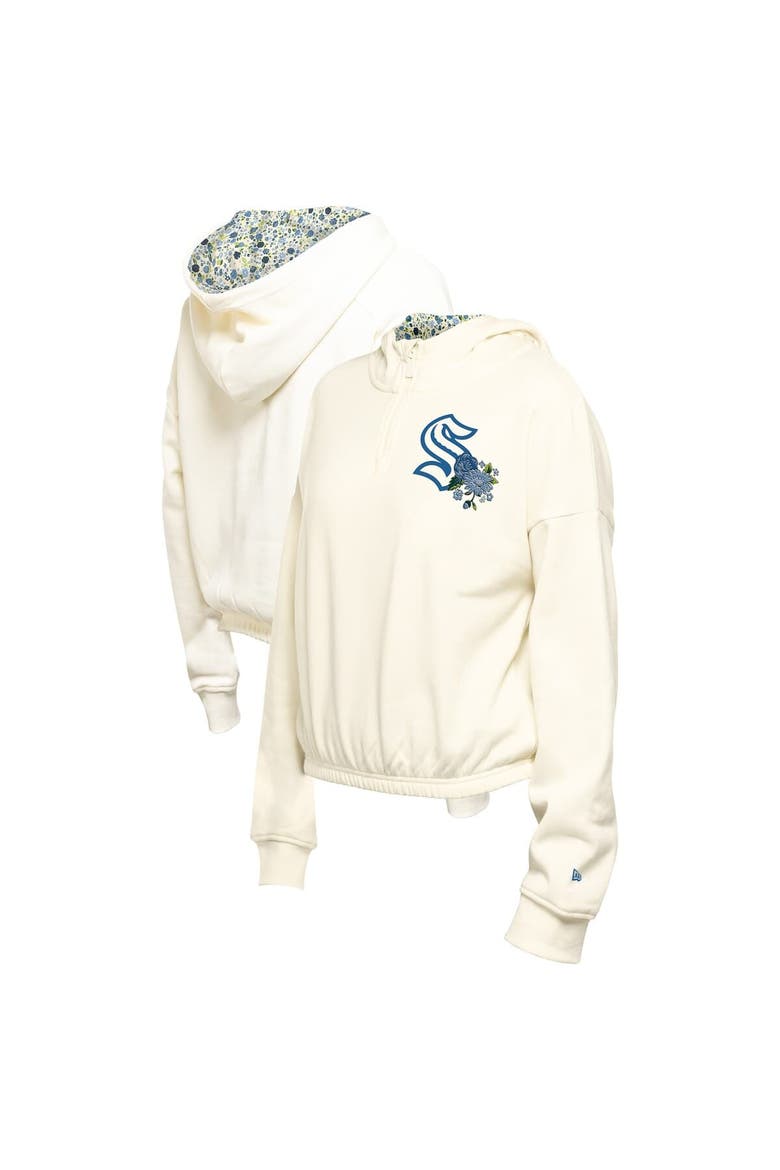 Women's New Era Cream Seattle Kraken Glam Game Quarter-Zip Cropped Floral Hoodie Pullover, Main, color, Cream