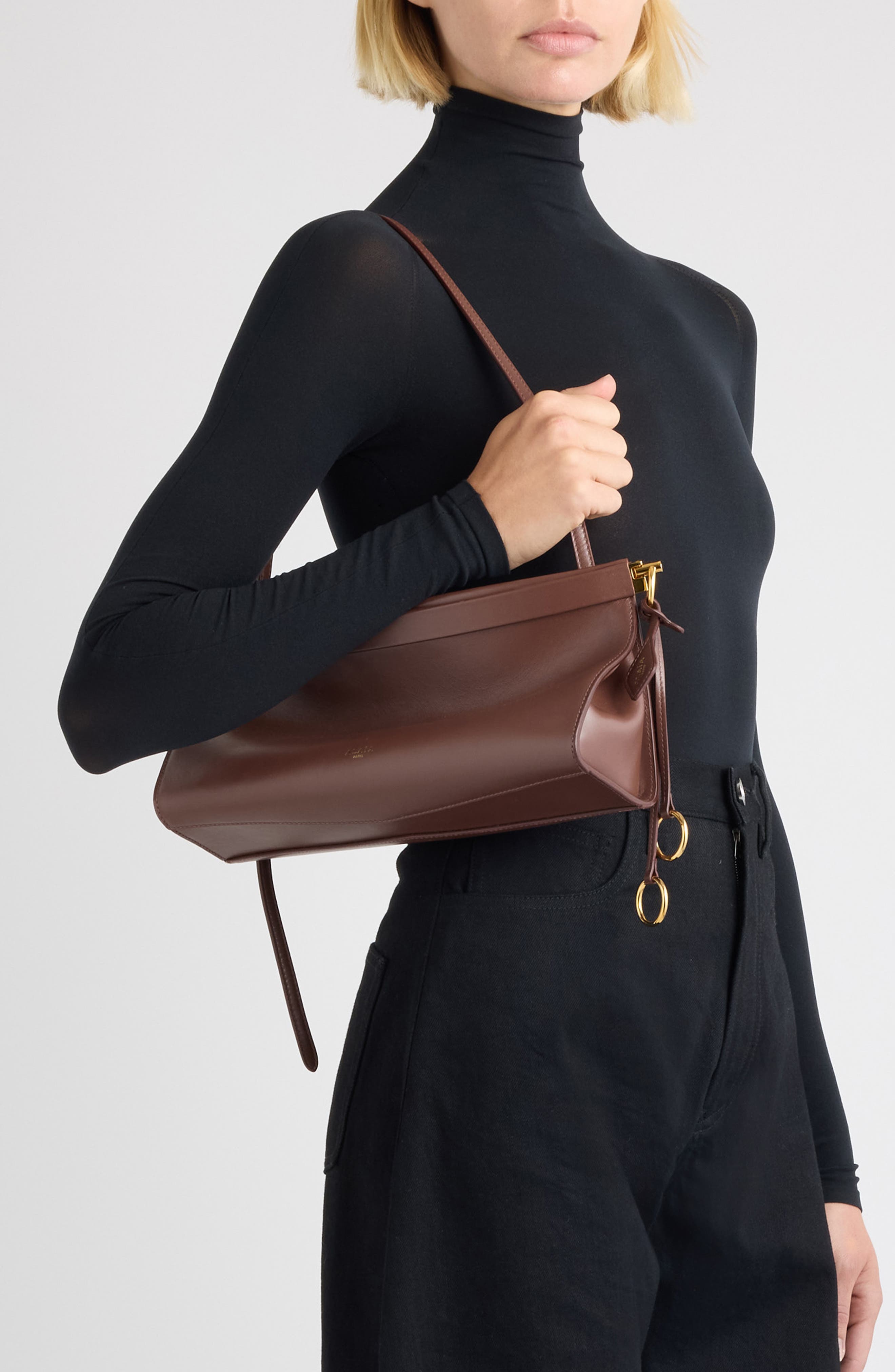 Medium Le Click East/West Leather Shoulder Bag, Alternate, color, BRUN