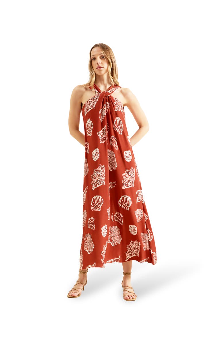 Ro&Zo Shell Print Twist Neck Dress, Main, color, Rust