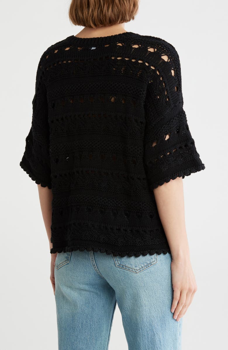 Melrose and Market Elbow Sleeve Cotton Pointelle Sweater, Alternate, color, Black