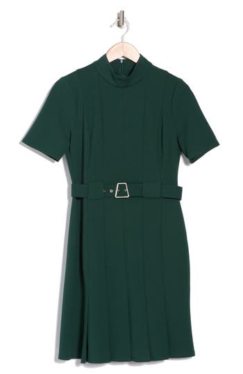 London Times Mock Neck Short Sleeve Belted Pleated Scuba Dress In Pine