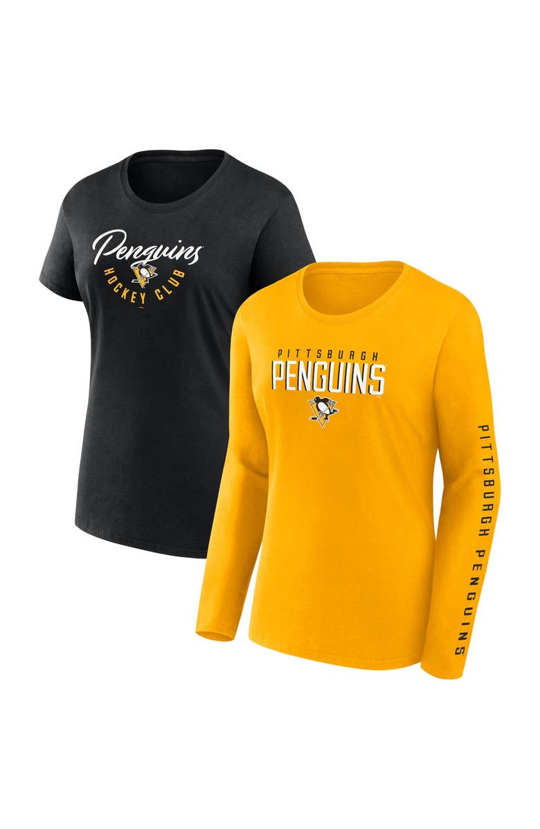 FANATICS Women's Fanatics Branded Black/Gold Pittsburgh Penguins Long and Short Sleeve Two-Pack T-Shirt Set, Main, color,