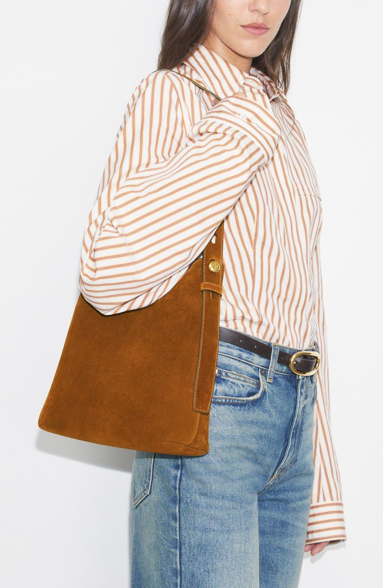 Tory Burch Small Romy Suede Hobo Bag, Alternate, color, Caramel