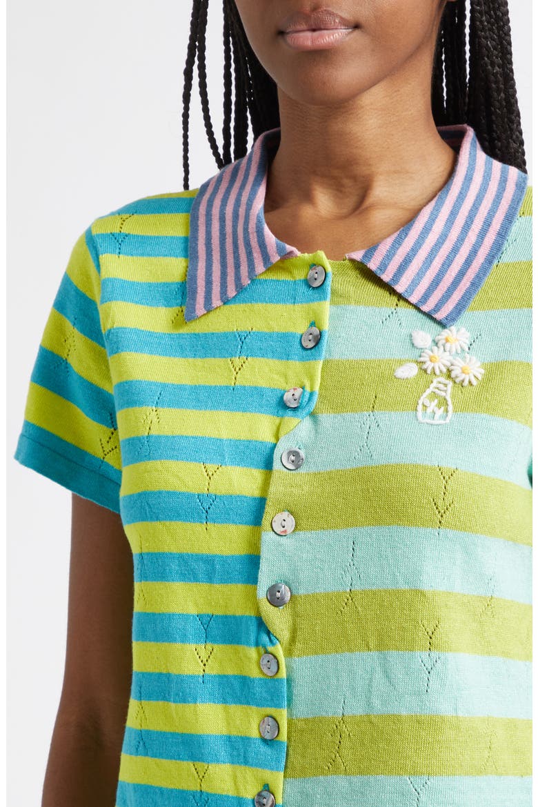 Daisy Stripe Linen Blend Y-Pointelle Cardigan, Alternate, color, LIME MULTI