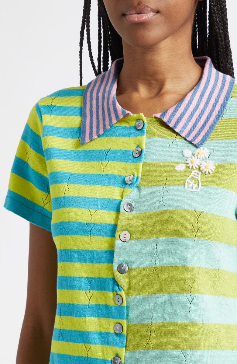 YanYan Daisy Stripe Linen Blend Y-Pointelle Cardigan, Alternate, color, Lime Multi