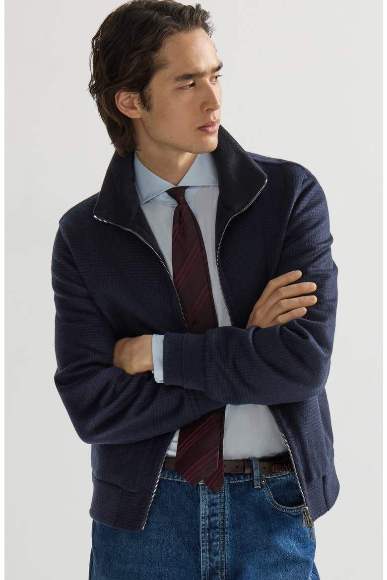 Hand-crafted reversible bomber jacket in cashmere Prince of Wales flannel double cloth, Alternate, color, Blue