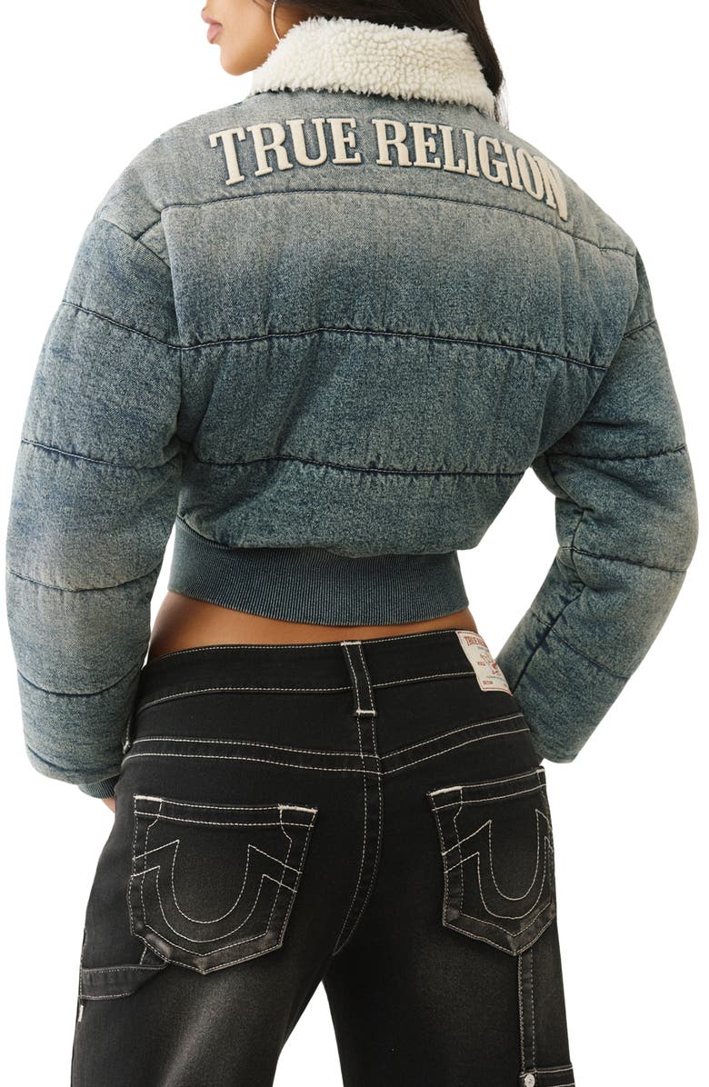 True Religion Logo Crop Denim Puffer Jacket, Alternate, color, Medium Wash