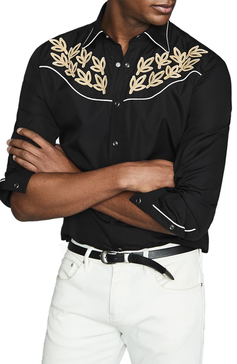 Reiss Caprice Leaf Appliqué Snap-Up Western Shirt, Main, color, 