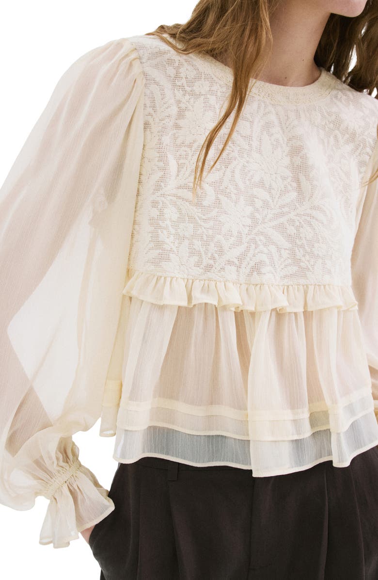 MANGO Lace Contrast Ruffle Top, Main, color, Yellow