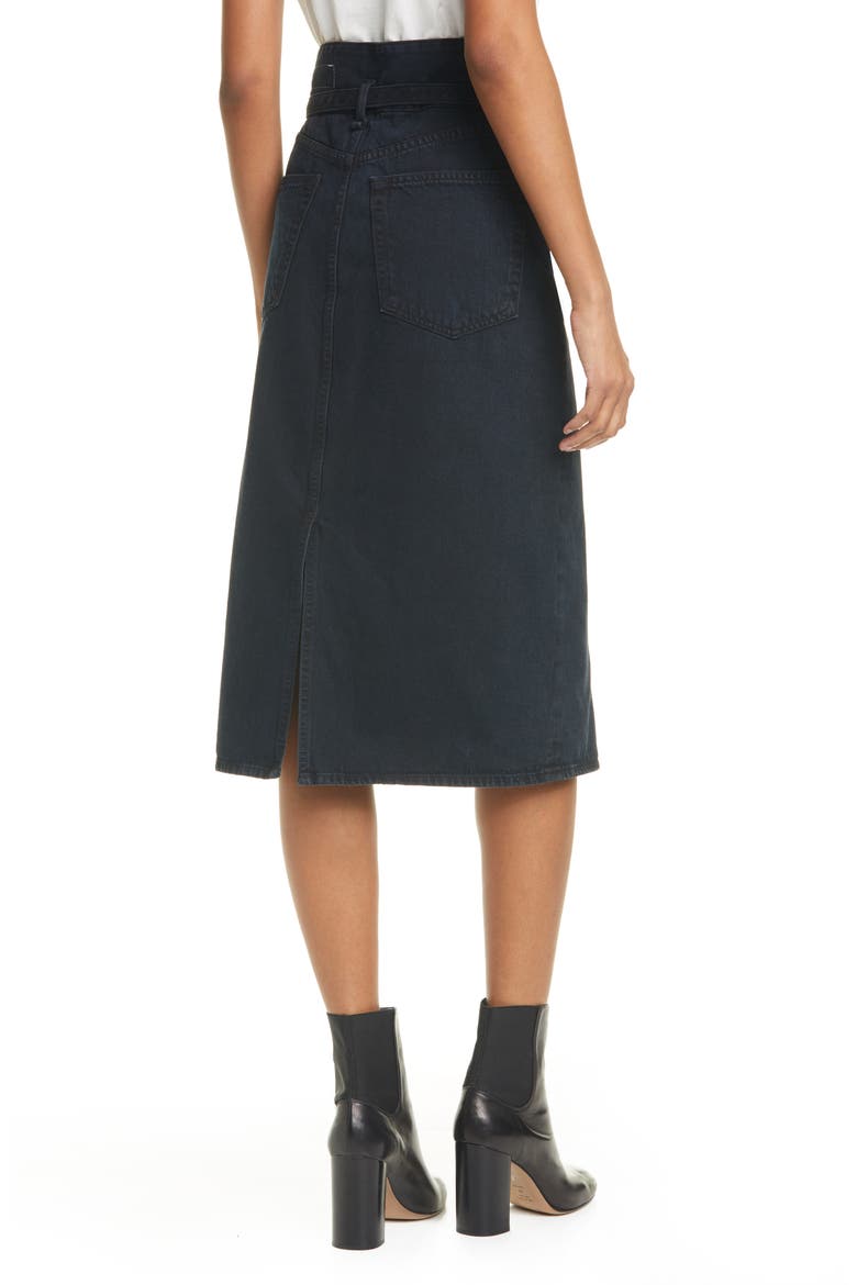 Paperbag Waist Denim Midi Skirt, Alternate, color, BLACK BIRD