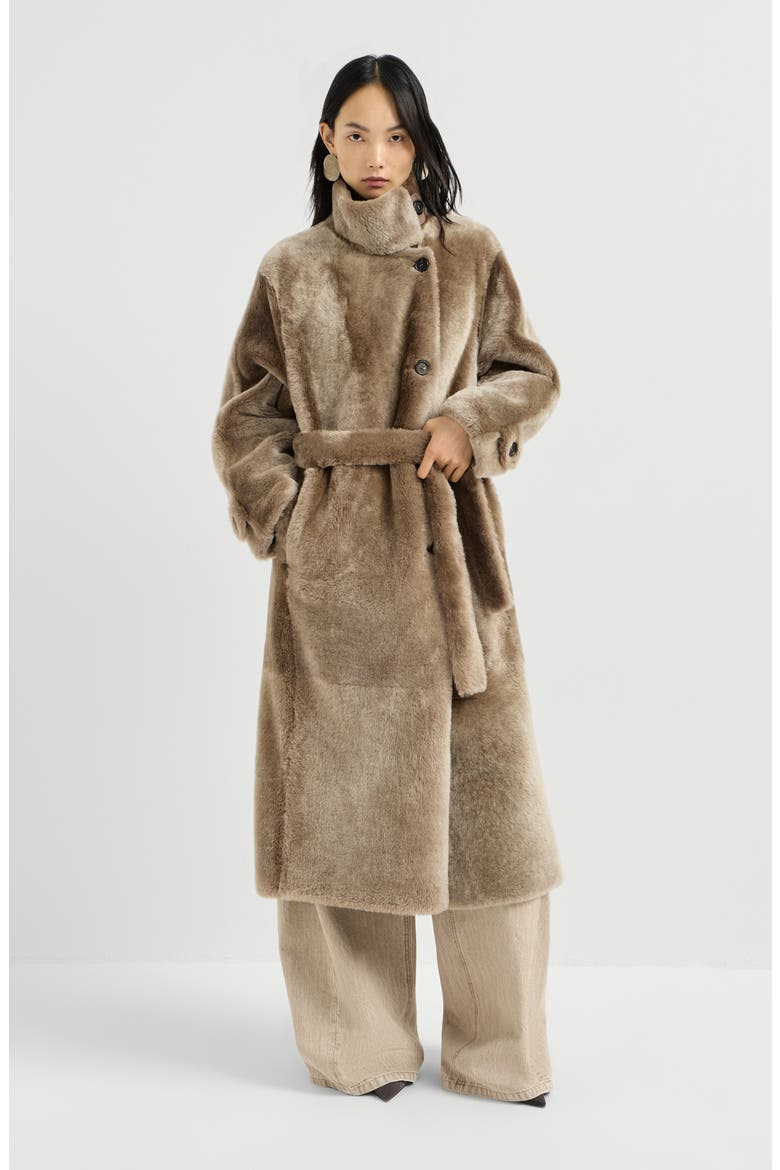 Shearling coat with belt and monili, Main, color, Light Brown