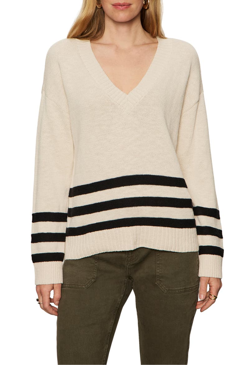 Stripe Hem V-Neck Cotton Sweater, Main, color, LIGHT OAT BEIGE/ BLACK
