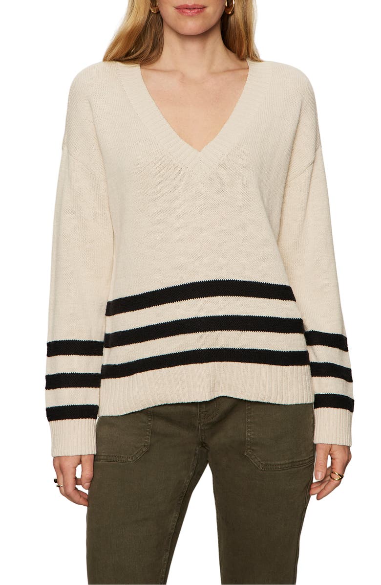 Sanctuary Stripe Hem V-Neck Cotton Sweater, Main, color, Light Oat Beige/ Black