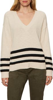 Sanctuary Stripe Hem V-Neck Cotton Sweater