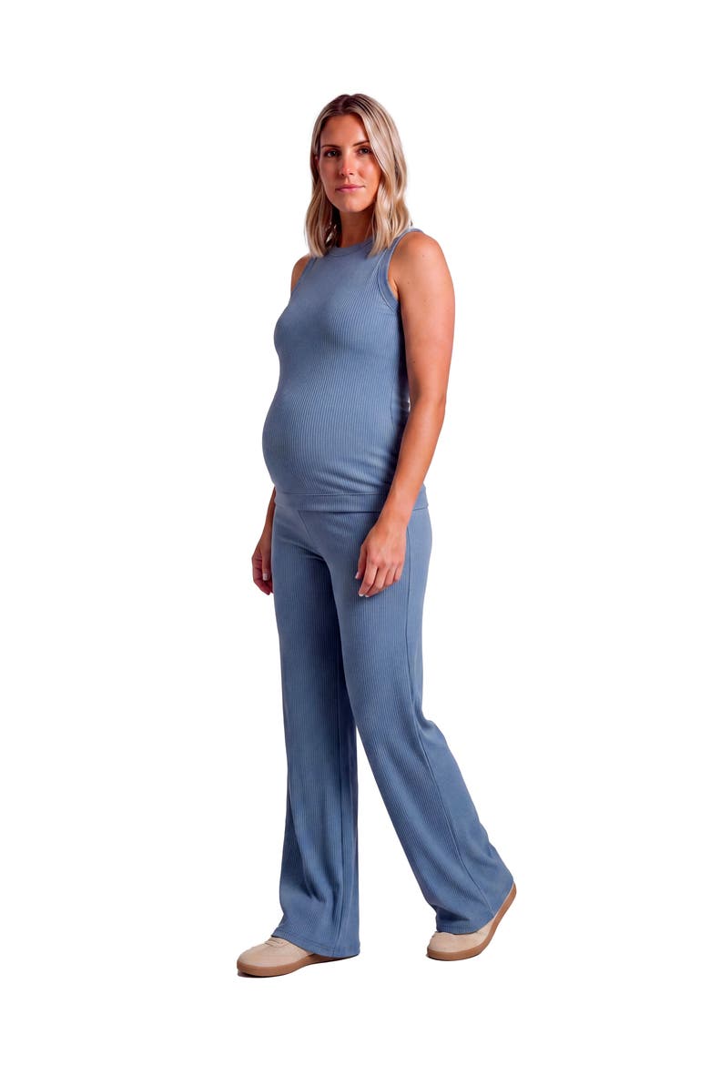 Maternity Basic Ribbed Knit Tank Top and Elastic Waist Wide Leg Pant Set, Alternate, color, Denim