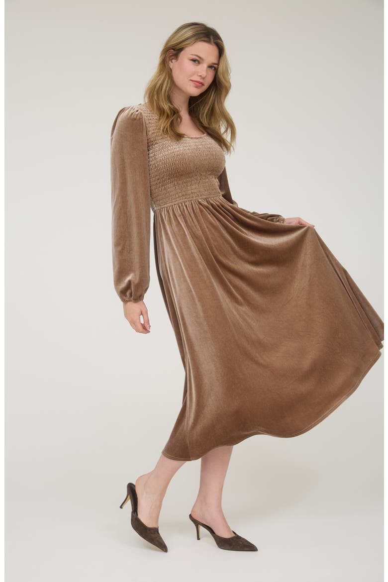Long Sleeve Smocked Velvet Midi Dress, Alternate, color, MOCHA