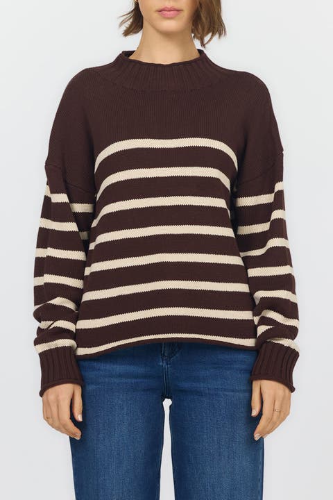 Solana Long Sleeve Funnel Neck Roll Neck Stripe Sweater