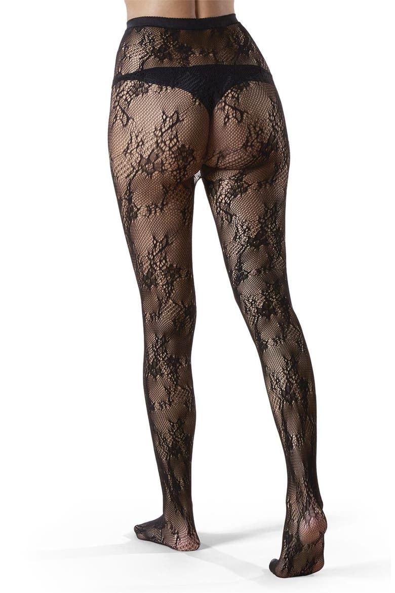 Floral Net Sheer Tights, Alternate, color, BLACK
