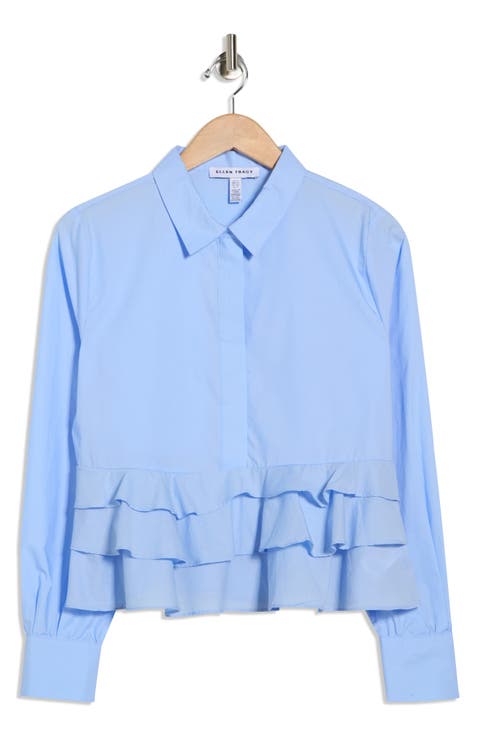 Ruffle Poplin Crop Button-Up Shirt