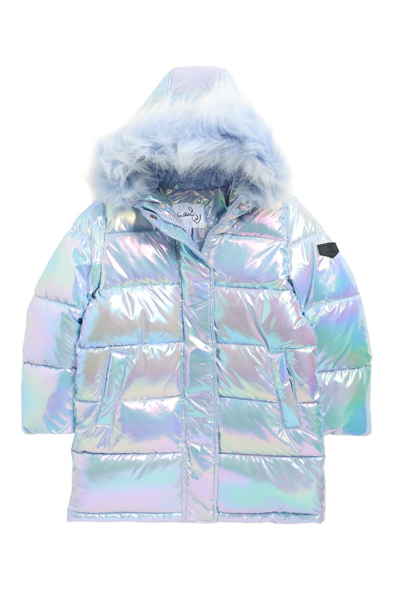 Kids' Iridescent Faux Fur Hooded Puffer Jacket, Main, color, BLUE