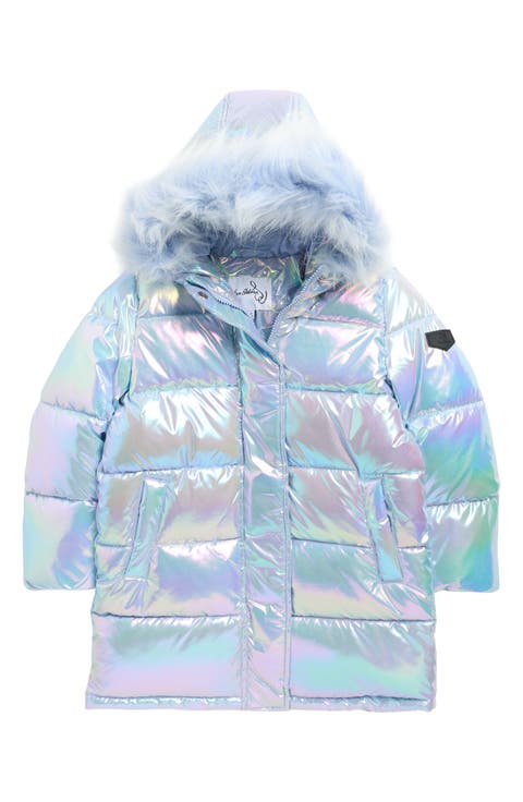 Kids' Iridescent Faux Fur Hooded Puffer Jacket