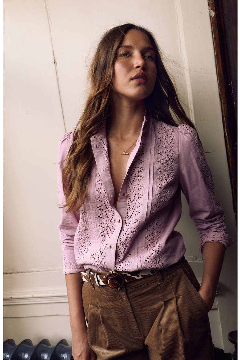Pintuck Cotton Broderie Anglaise Button-Up Shirt, Alternate, color, IRIS PINK