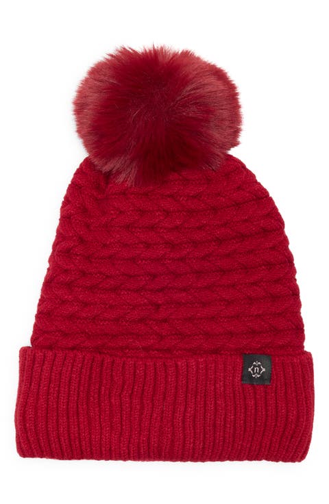 Braided Knit Beanie with Faux Fur Pompom