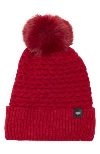 Nanette Lepore Braided Knit Beanie With Faux Fur Pompom In Red