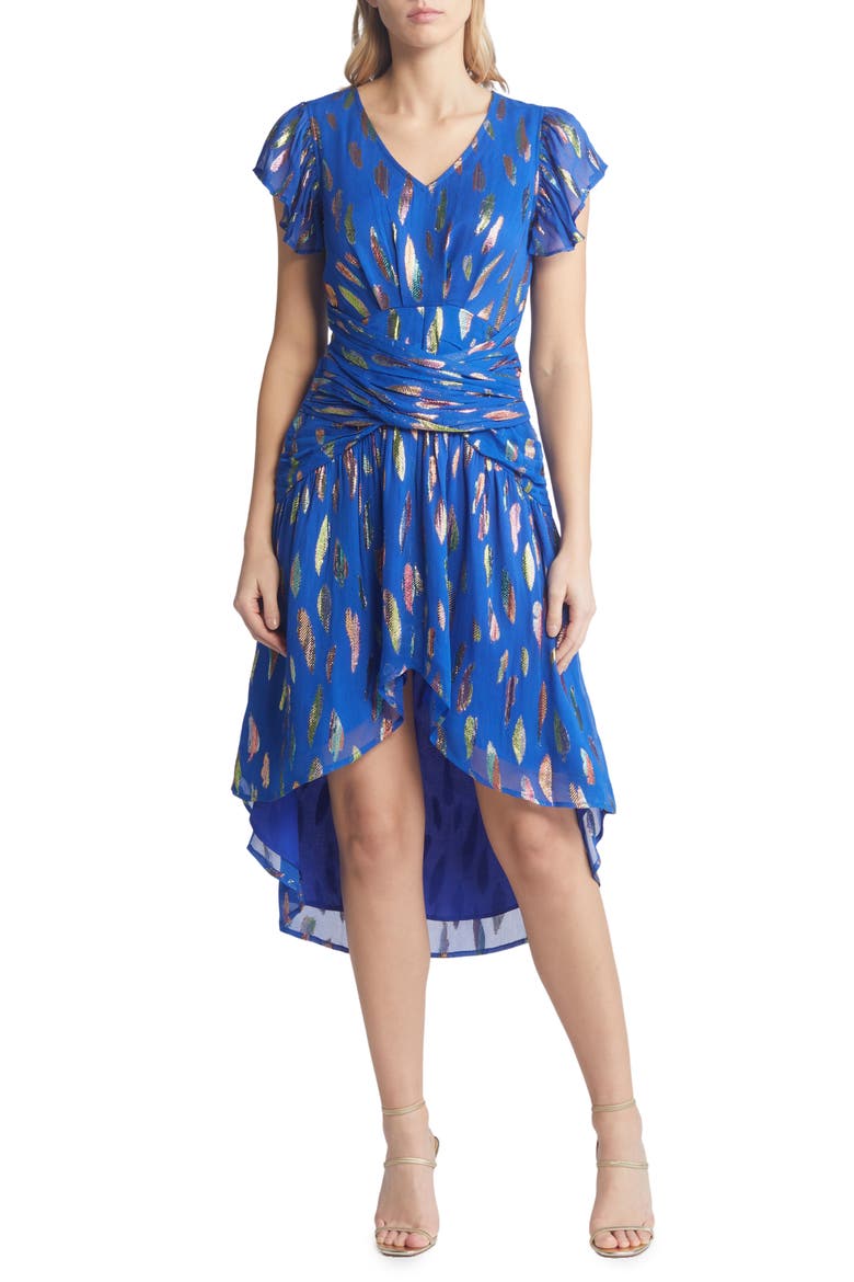 Palmina Metallic Leaf Print High-Low Dress, Alternate, color, BLUE
