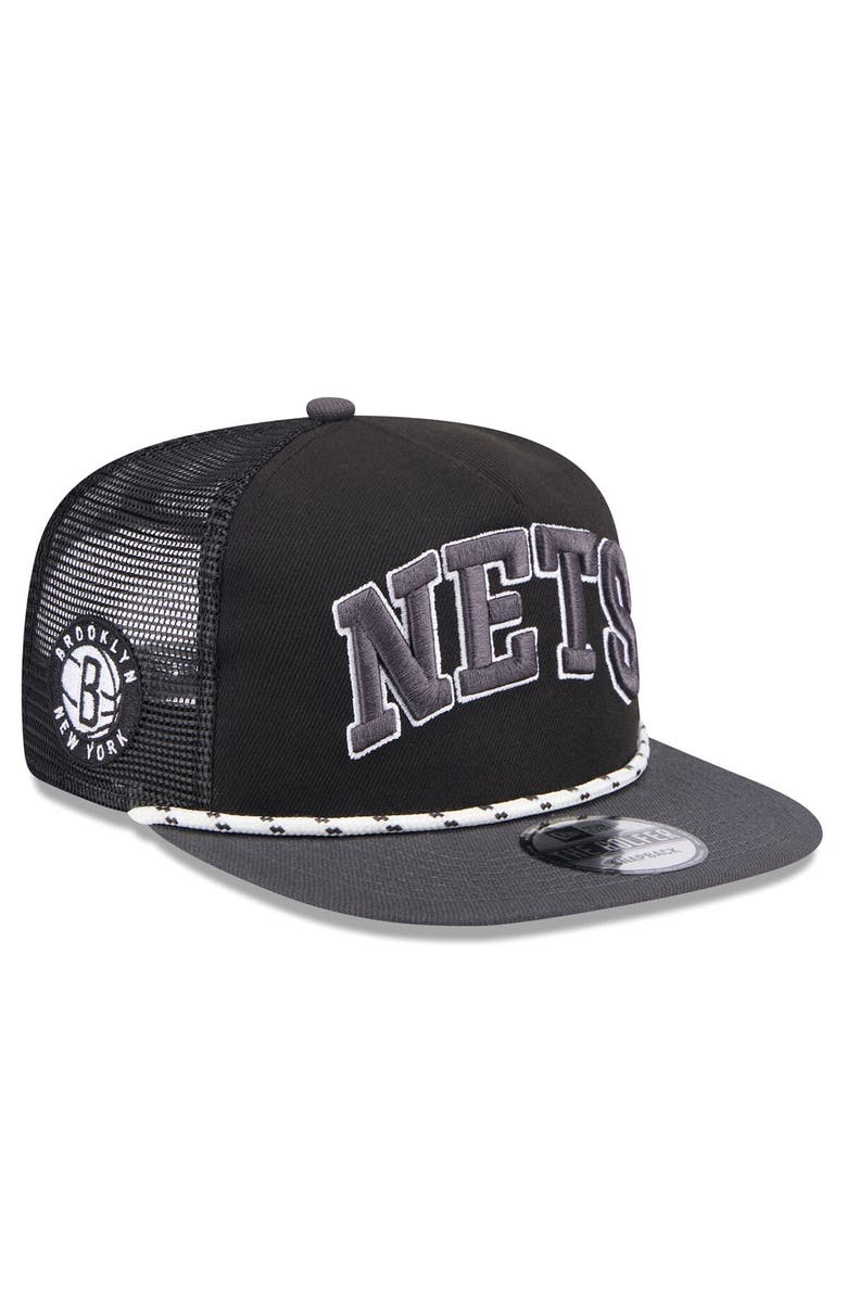 New Era Men's New Era Black/Charcoal Brooklyn Nets Throwback Team Arch Golfer Snapback Hat, Main, color, Black