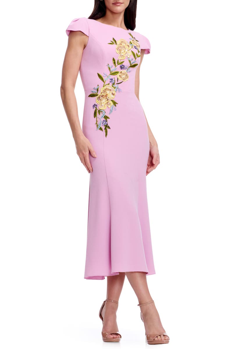 Dress the Population Sheryl Floral Appliqué Midi Cocktail Dress, Main, color, Lavender Multi
