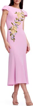 Dress the Population Sheryl Floral Appliqué Midi Cocktail Dress
