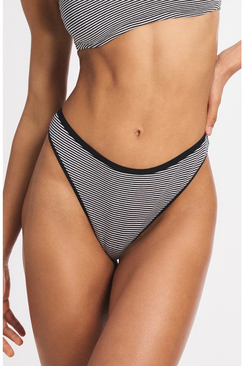 Stretch Cotton Essentials Thong, Main, color, BLACK CAVIAR STRIPE UP