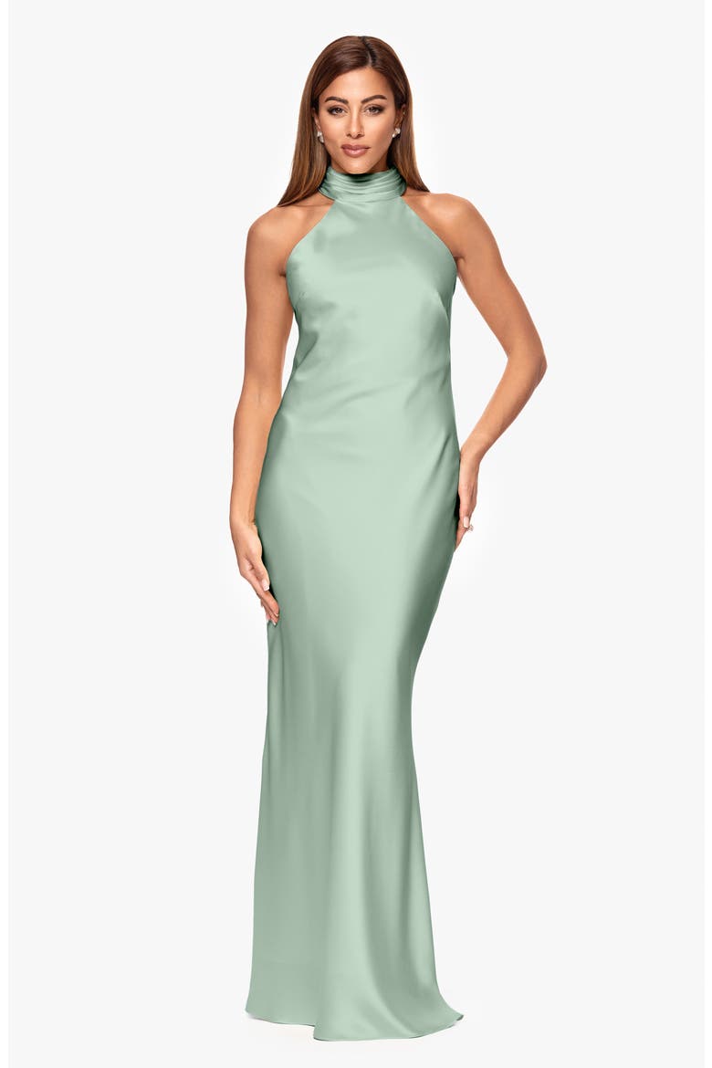 Halter Neck Satin Sheath Gown, Alternate, color, SAGE