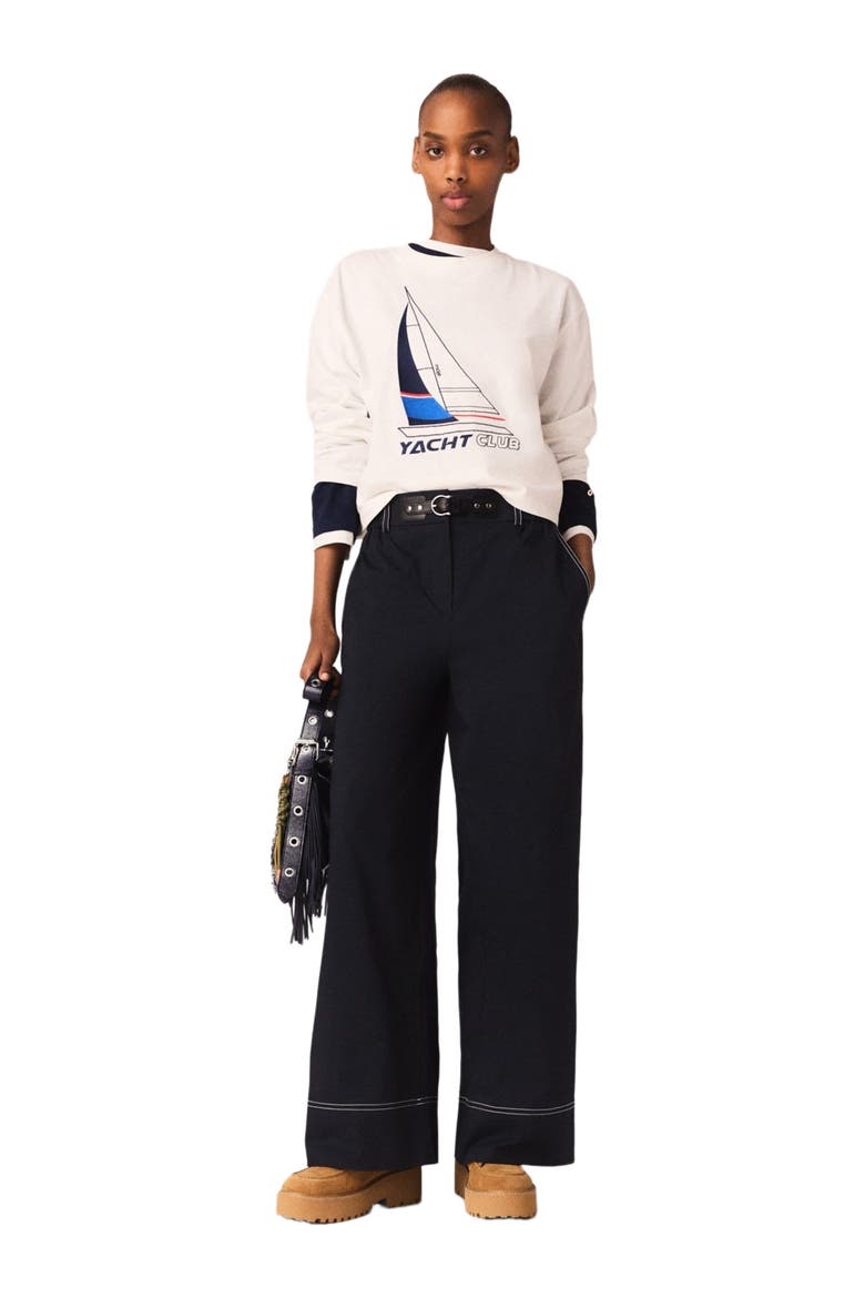 Cotton trousers with leather belt, Main, color, Navy