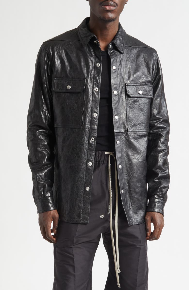 Rick Owens Pelle Leather Shirt Jacket, Main, color, Black