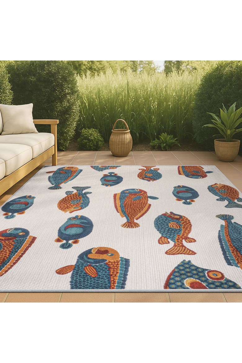 Algarve Modern Fish High-Low Indoor/Outdoor Area Rug, Alternate, color, Navy/Orange/Cream