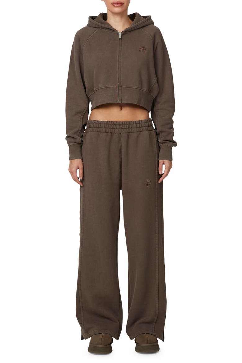 Ribbed Emblem Crop Zip Hoodie, Alternate, color, Brown