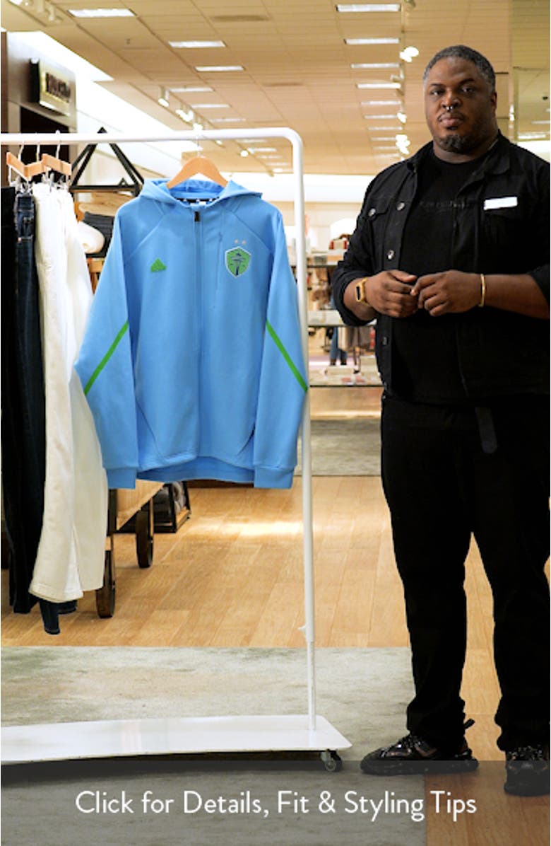 Men's adidas Blue Seattle Sounders FC 2024 Anthem Travel Raglan Sleeve Full-Zip Jacket, sales video thumbnail