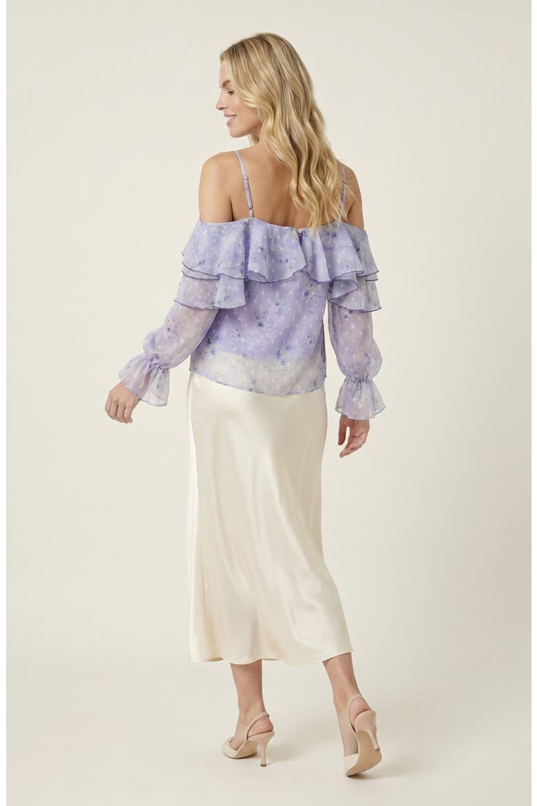 Sheer Floral Ruffle Top with Rosette Neck, Alternate, color, Lavender Floral