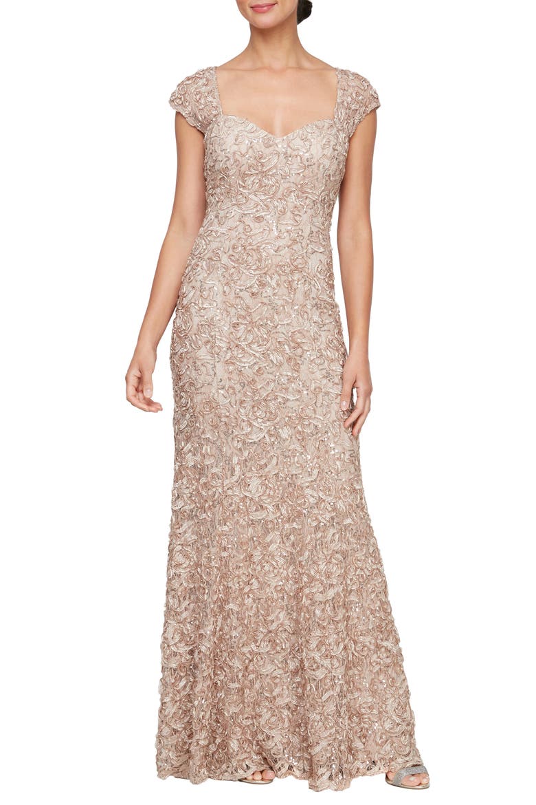 Soutache Sequin Lace A-Line Gown with Wrap, Main, color, CHAMPAGNE