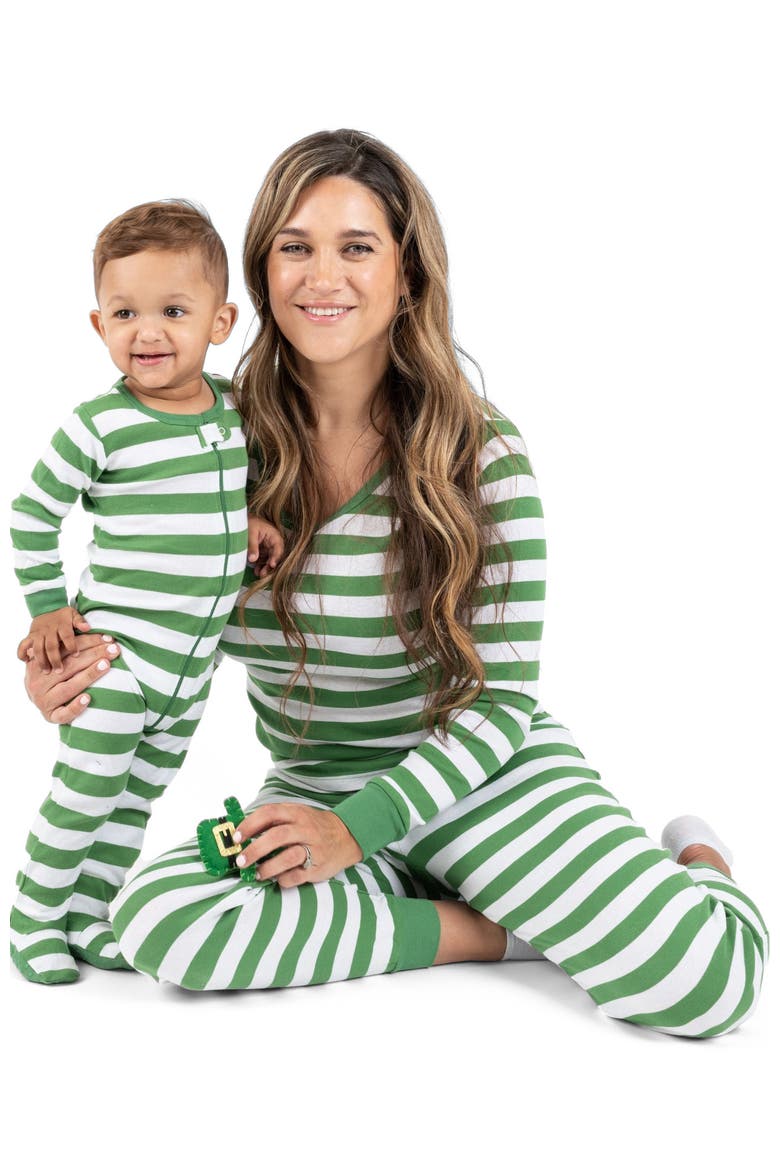 Women's Cotton Striped Matching Family Holiday Pajamas, Alternate, color, Green & White