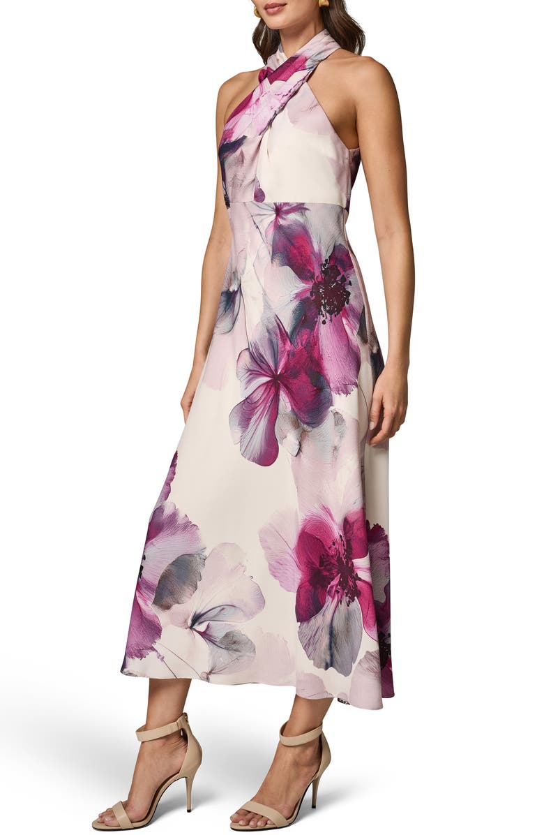 Donna Karan New York Floral Halter Midi Dress, Alternate, color, Sangria Multi