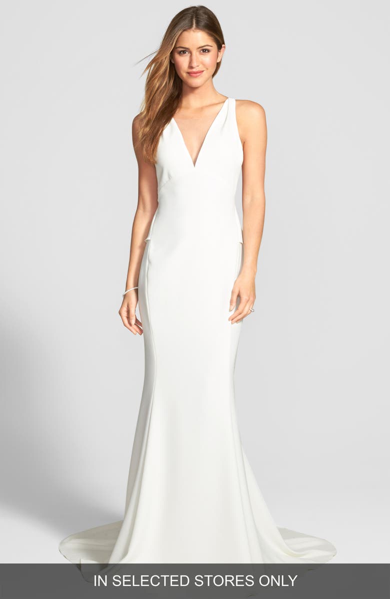 Amsale Back Detail Flared Silk Crepe Gown, Main, color, 